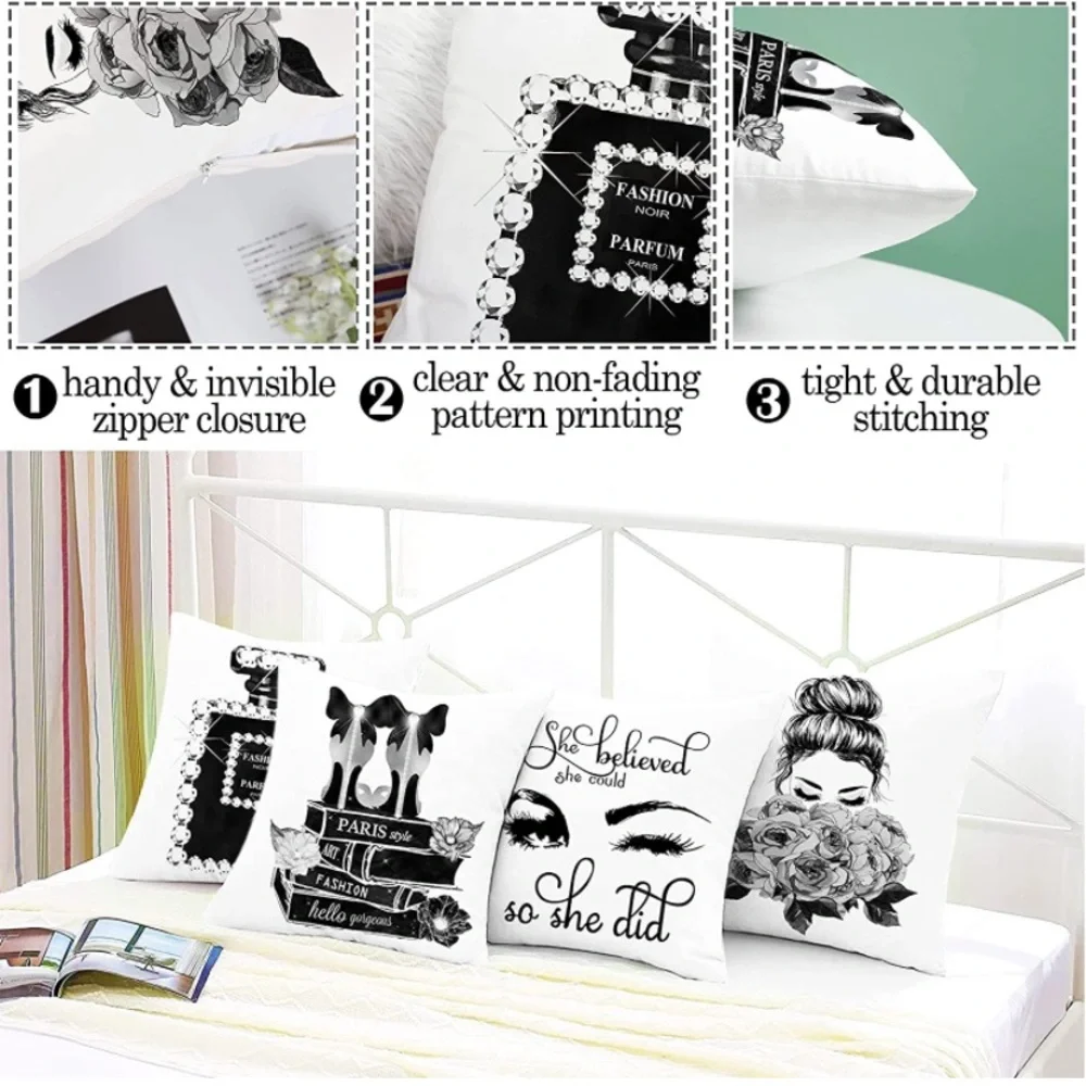 Set of 4 18x18 Decorative Pillow Covers Black White  Fashion Style